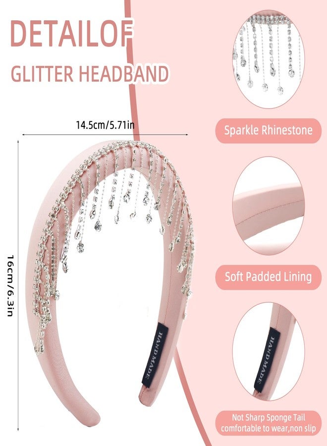 PLwelth Rhinestone Padded Headband for Women Girls Sparkly Bling Crystal Tassel Headband No Slip Wide Hairbands for Thin Thick Hair Pink Satin Hairband Fashion Hair Accessories for Wedding Party Decor - Image 4